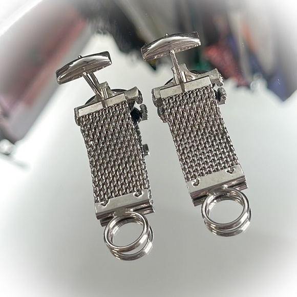💕Beautiful Vintage Silvertone Mesh Cufflinks Black Onyx💕 - Picture 4 of 6